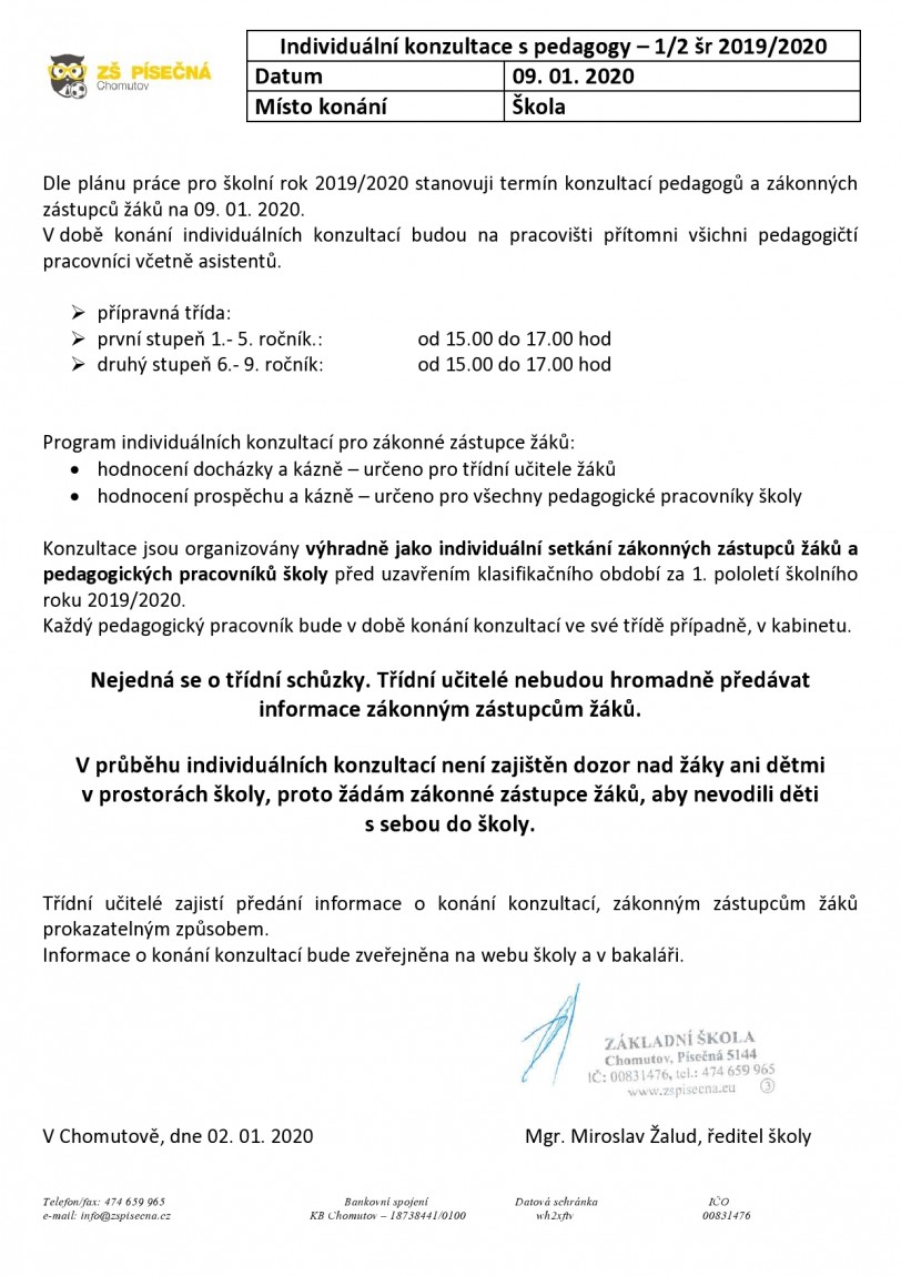 Individuální konzultace s pedagogy - 09.01.2020