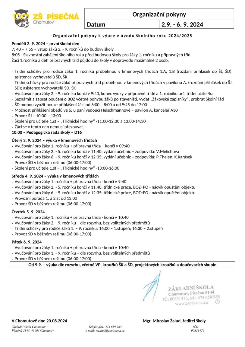 Organizační pokyny k výuce v úvodu školního roku 2024/2025