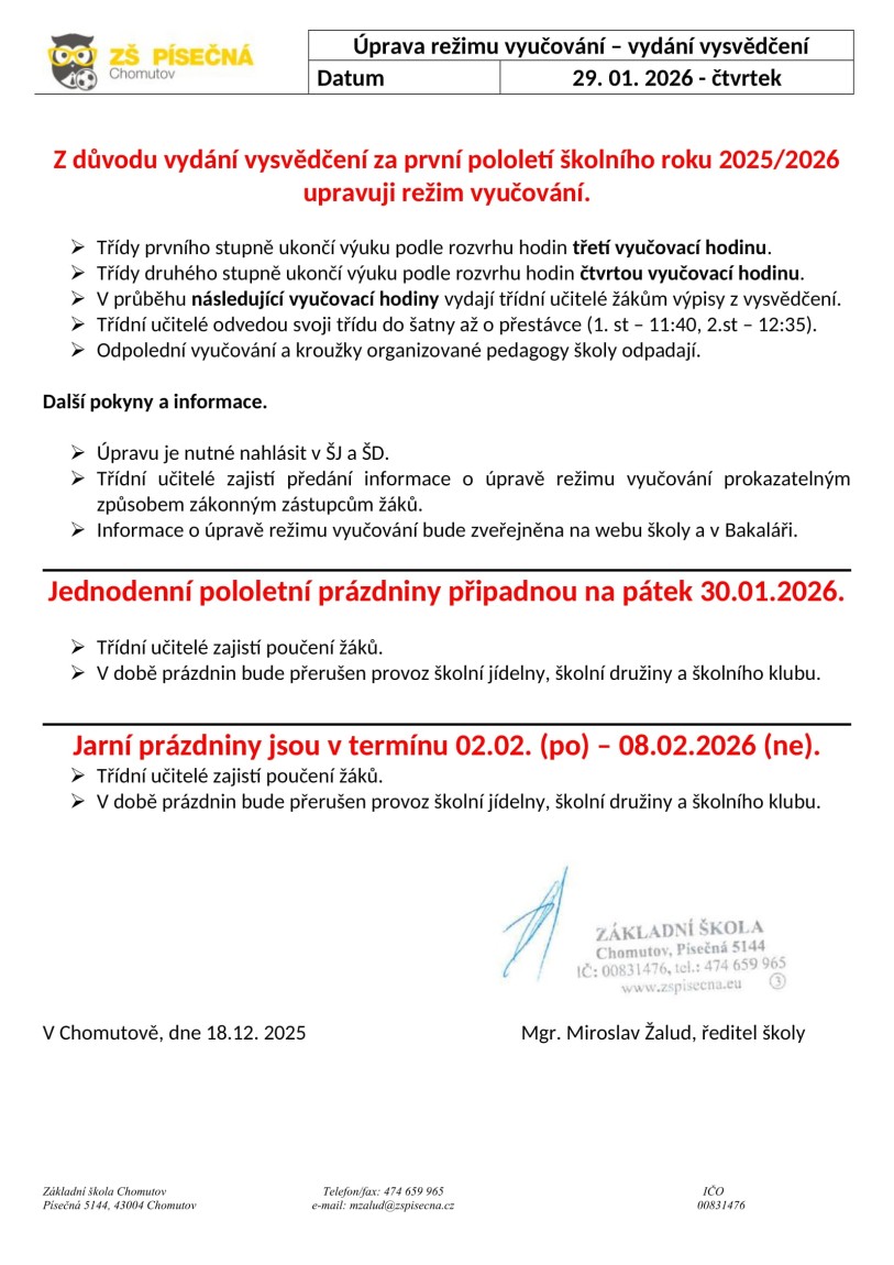 Úprava režimu vyučování – vydání vysvědčení, pololetní a&nbsp;jarní prázdniny