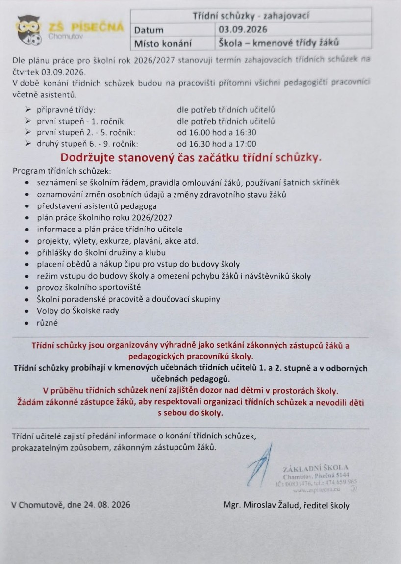 Zahajovací třídní schůzky dne 3.9.2026