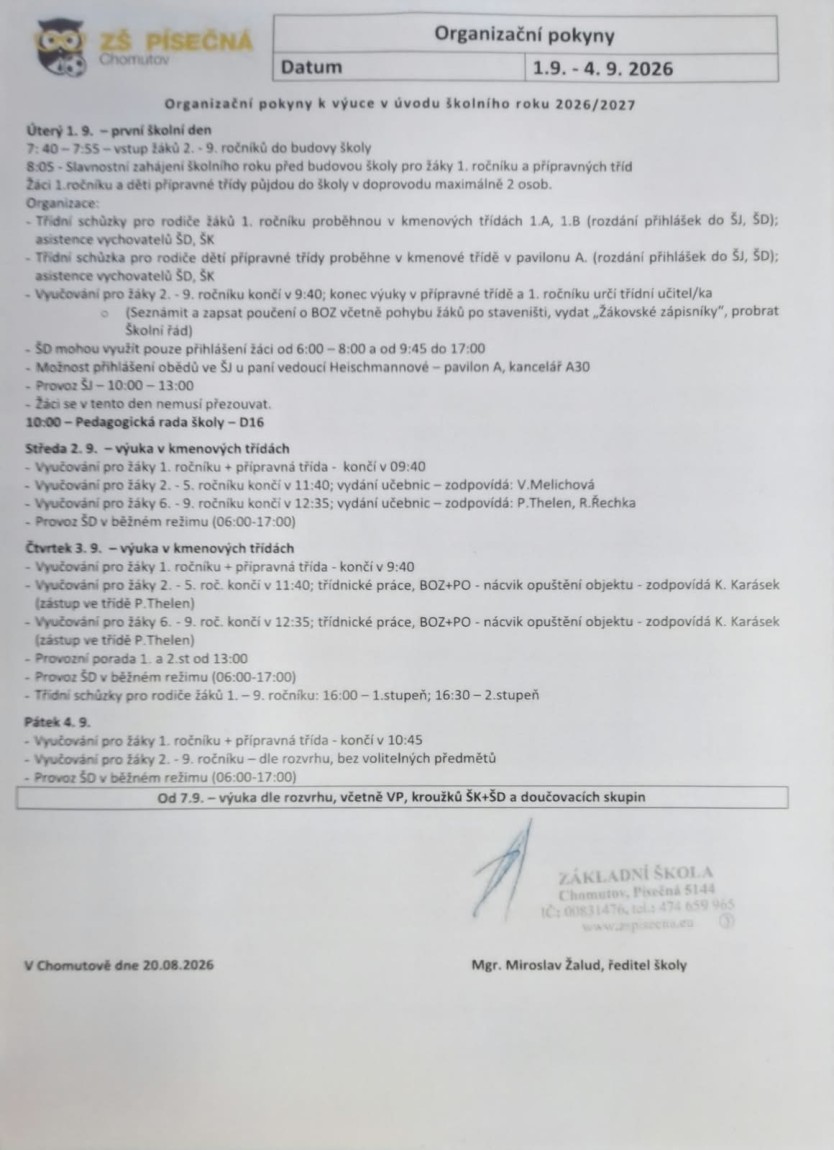 Organizační pokyny k&nbsp;výuce školní rok 2026/2027-první týden